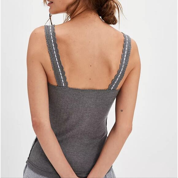 NEW Free People Only You Gray Cotton Ribbed Tank Top with Lace Trim - Picture 2 of 11